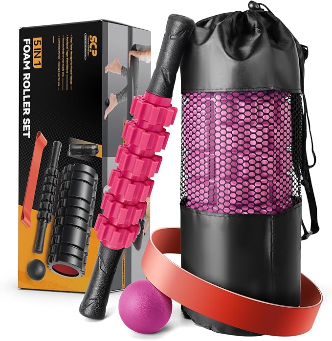 5 in1 Foam Roller Set, Trigger Point Foam Roller, Massage Roller Stick, Massage Ball, Resistance Band for Deep Muscle Massage Pilates Yoga,Fitness Exercise for Whole Body (Pink-Black)