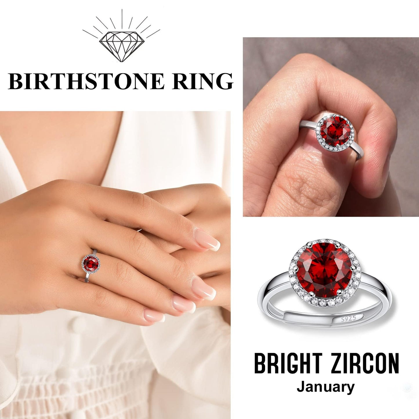 Bestyle 925 Sterling Silver Created Diamond Rings Round Crytsal Rings for Women, 8mm January Granet Birthstone Gemstone Rings Illuminated by 1mm White Cubic Zirconia
