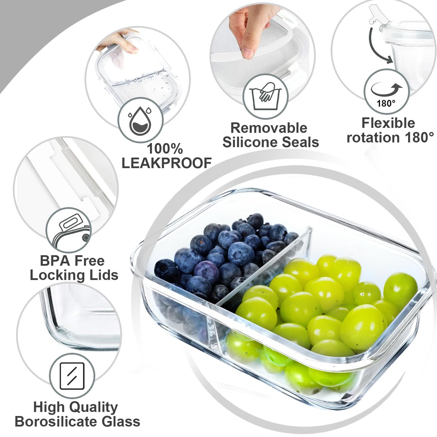 VERONES 10 Pack Glass Meal Prep Containers 2 Compartment Set, 30 OZ Airtight Glass Lunch Containers, Glass Food Storage Containers with Lids, for Microwave, Oven, Freezer & Dishwasher Friendly，White