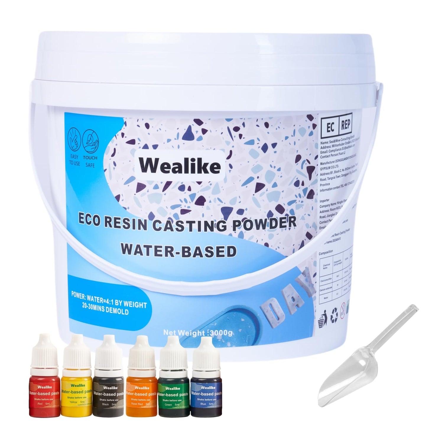 Wealike Eco Resin Casting Powder 6.6lbs/3000G,Water-Based Ceramic Resin Plaster with 6PCS Pigments,20-30 Minutes Demold.Easy Mix for Home Decor &DIY Art