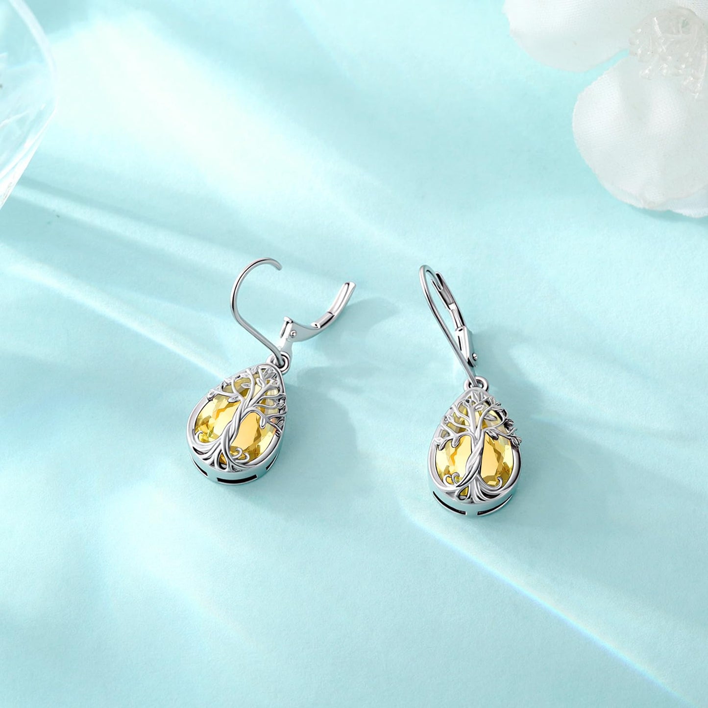 Eusense Tree of Life Dangle Citrine Earrings 925 Sterling Silver Teardrop Birthstone Earrings for Women Leverback Closure Tree of Life Jewelry Gift