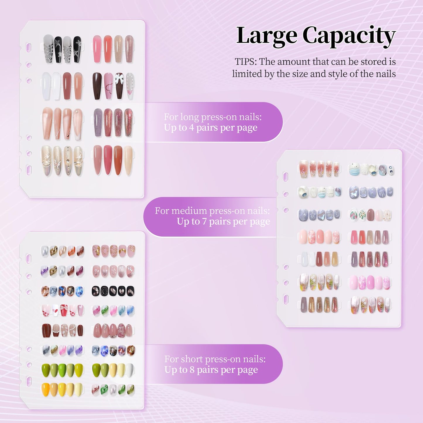 ASTONFOG Press on Nail Organizer Binder Book, 8 A5-Sized Insert Pages & Double Sized Tape, Press on Nails Display Storage Book, Reusable Fake Nail Swatch Collecting Book (Purple)