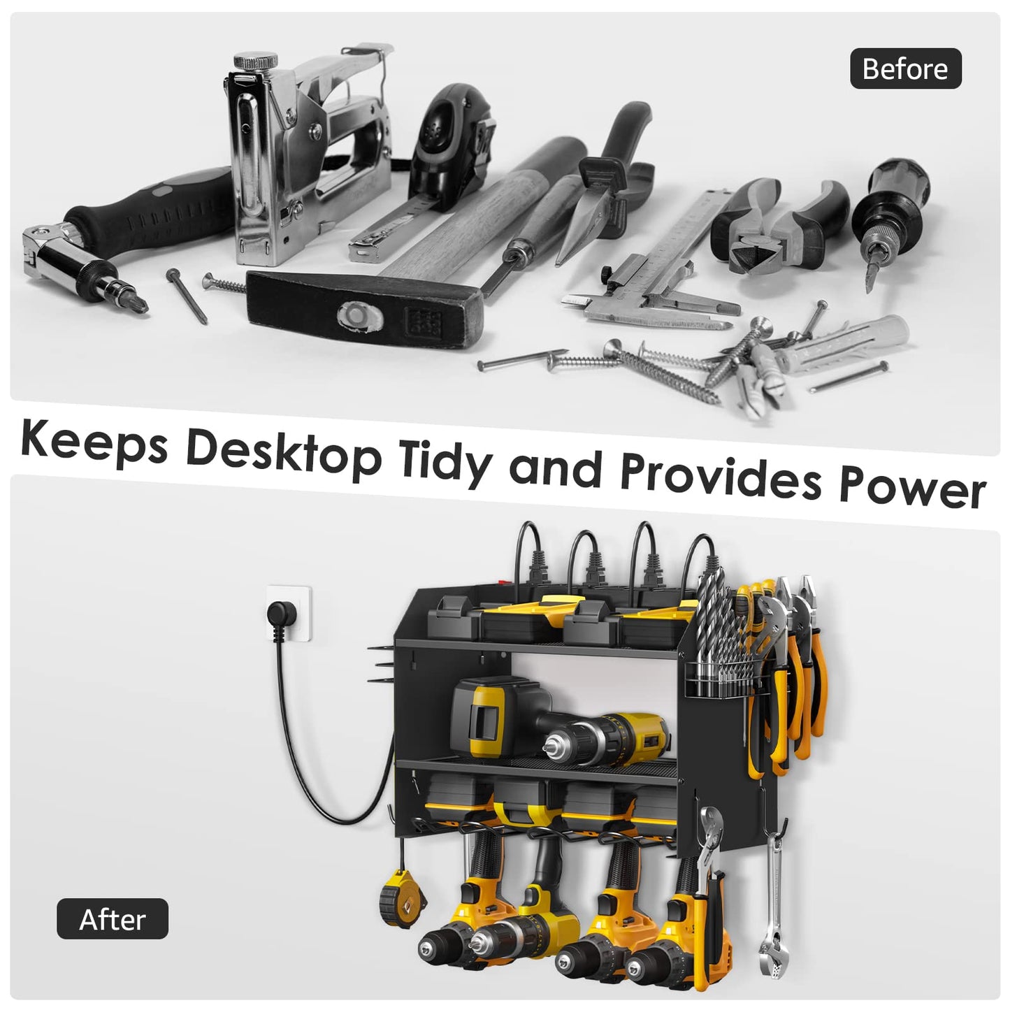 CCCEI Modular Power Tool Organizer Wall Mount with Charging Station. Garage Drill Storage Shelf with Hooks, Heavy Duty Rack, Tool Battery Holder Built in 8 Outlet. Gift for Men. Black, 2 Pack.