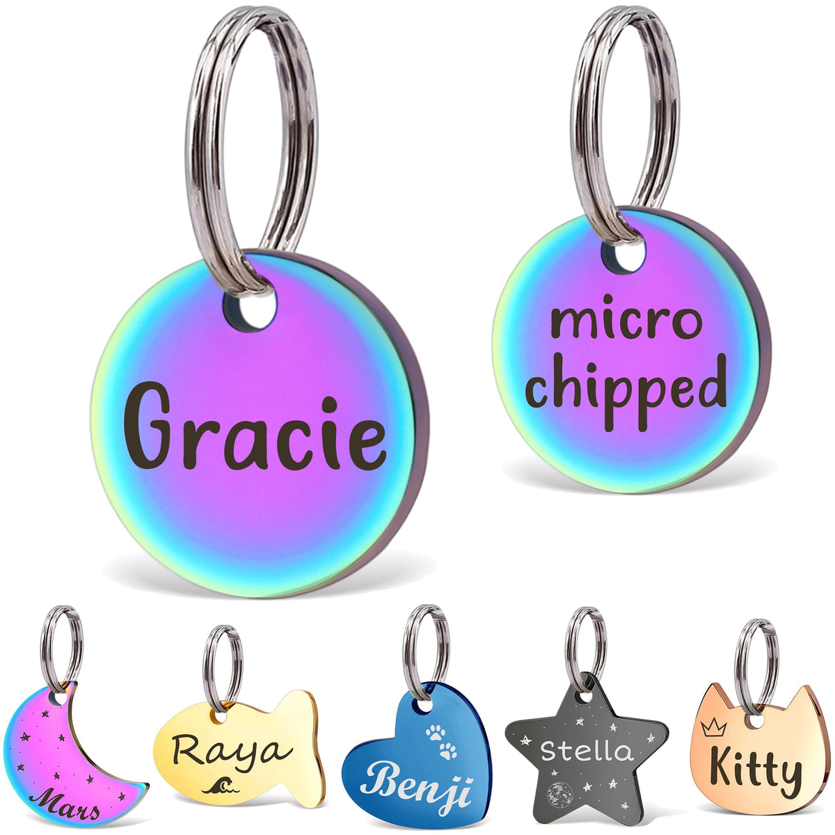 Anavia Small Size Dog Cat ID Tags, Small/XS Personalized Color Plated Stainless Steel Puppy Kitten Name Tags, Customized Engraved Nameplate Pet Collar Tag (Blue, Star)