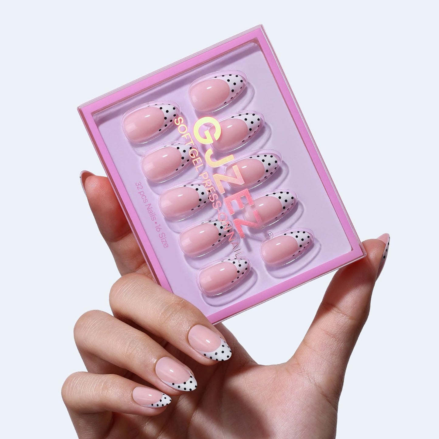 White French Tip Polka Dots Press on Nails Medium Almond - GJZEZ Soft Gel Black Dots on a Crisp White Base Fake Nails for Women, Cute Natural Reusable Glue On Nail in 16 Sizes - 32PCS, Playful Dotted