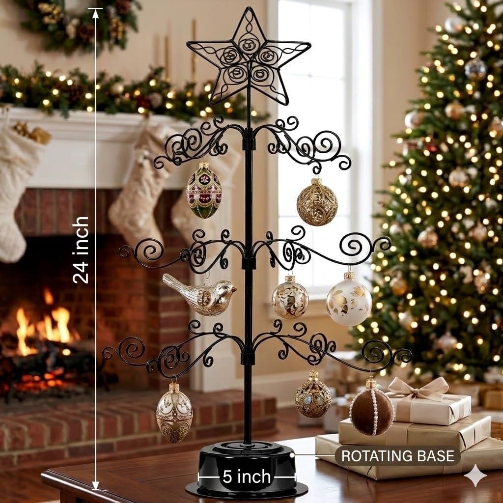 HOHIYA 24” Rotating Ornament Display Tree Stand 36 Hooks Metal Tabletop Display Rack for Christmas Ornaments Halloween Decor Craft Show Display Heavy Duty Black