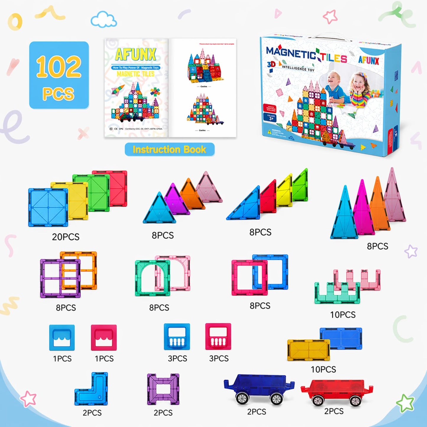 AFUNX Magnetic Tiles,102PCS Magnetic Building Blocks 3D Clear Construction Playboards, Inspiration, Creativity Beyond Imagination, Educational Magnet Toy Set for Kids with 2 Cars