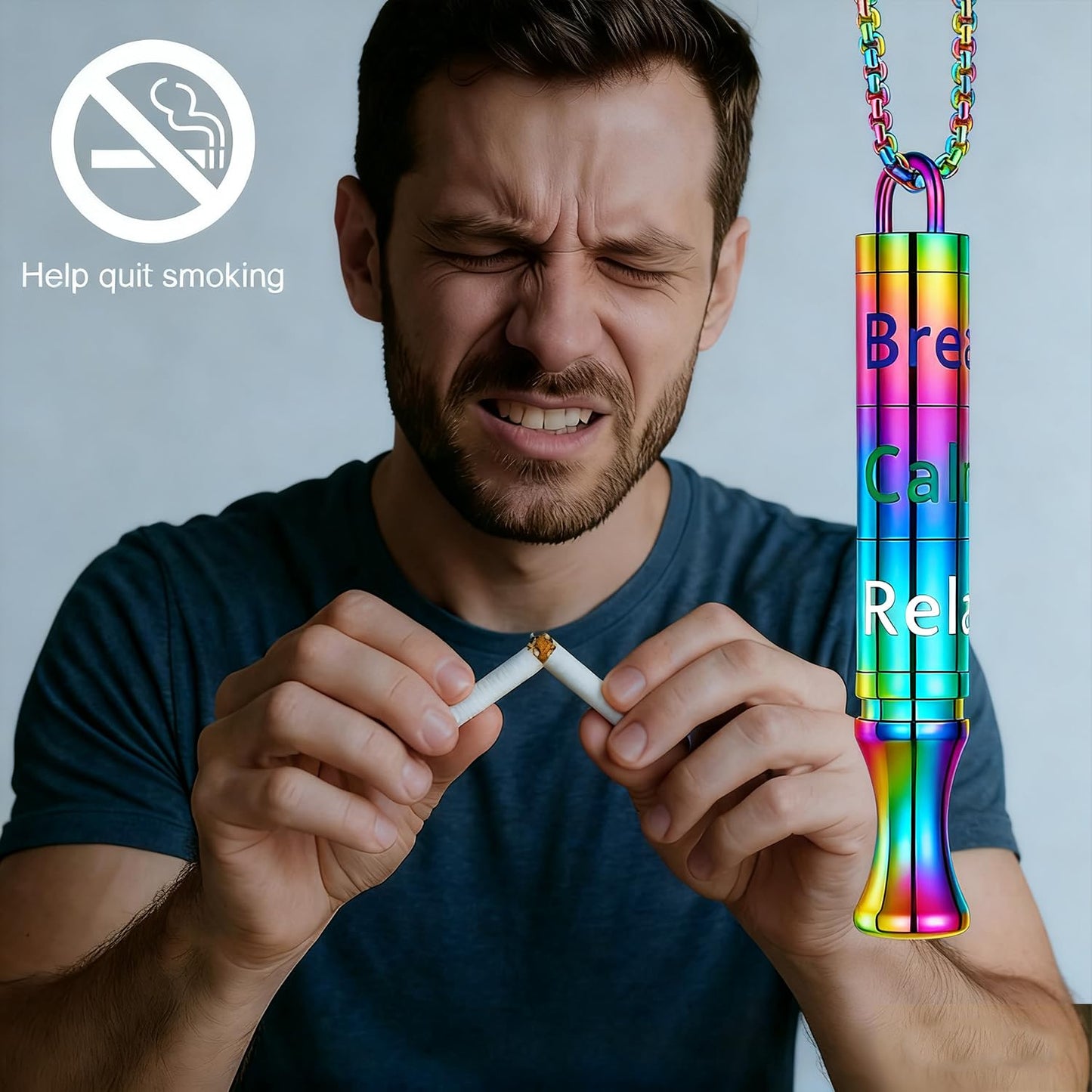 Fidget Necklace with Spinning Calm, Breathe, Relax Charms - Sensory Anxiety Relief & Deep Breathing Aid Stainless Steel Necklaces for Women Men (Rainbow)