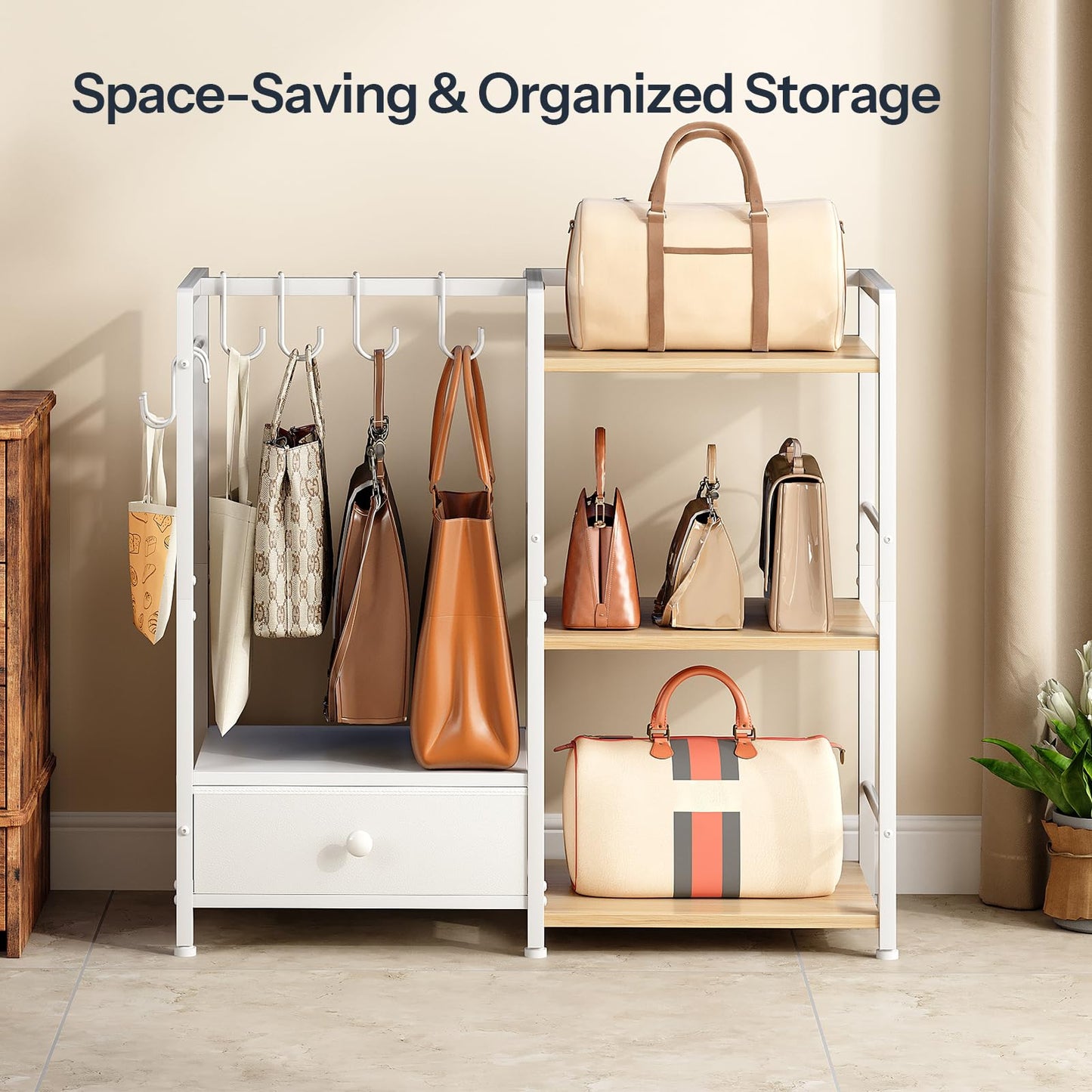HOOBRO Narrow Console Table and 3-Tier Purse Organizer for Closet, 29.5" Small Entryway Table, Purse Rack Stand with 8 Movable Hooks, BF75XG01-WN28CJ01