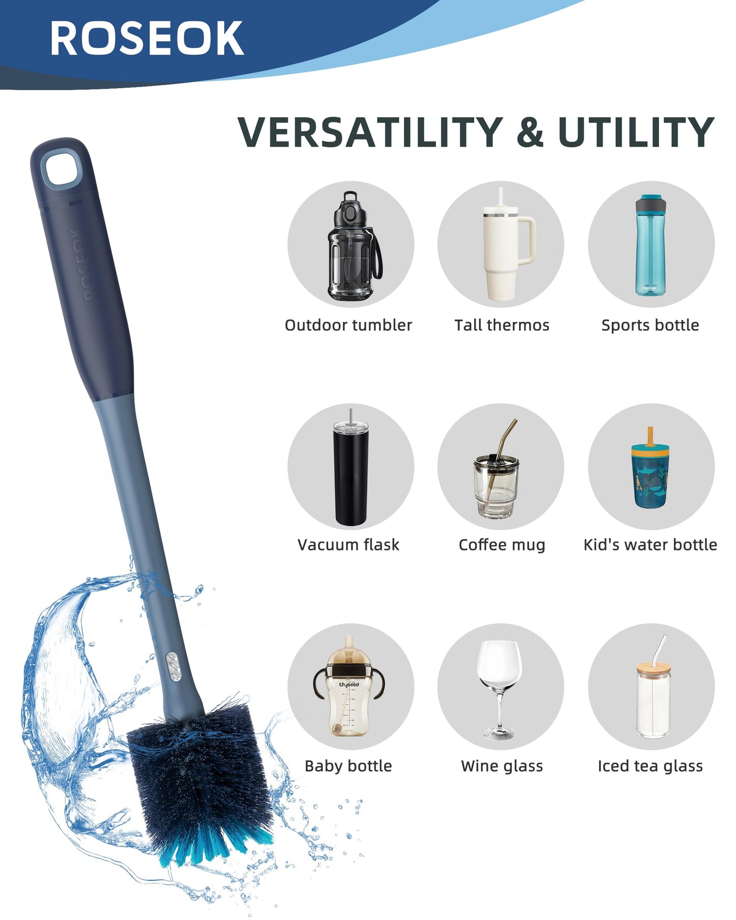 ROSEOK 2in1 Bottle Scrubbing Brush with Straw Brush has Long and Comfortable Handle, Cleaning Glass, Sports Bottle, Coffee Mug,1 Pack, Grayish Blue
