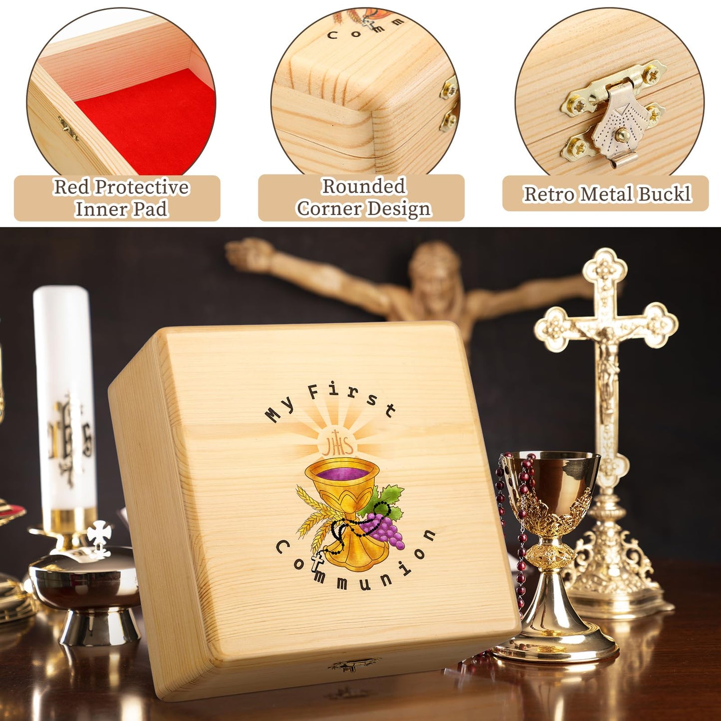 Wonderjune First Communion Wooden Keepsake Box First Holy Communion Gift Cross Rosary Jewelry Box Baptism Gift Memory Storage Box(7.7 x 7.7 x 4 Inches)