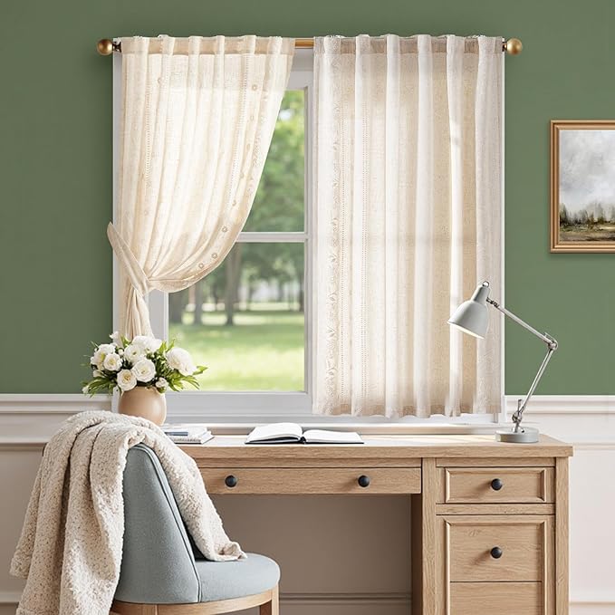jinchan Winslow Linen Curtains 45 Inch Length Small Window Curtains Embroidered Bordered Floral Drapes Light Filtering for Bathroom Laundry Room Kitchen Farmhouse Decor White on Beige 2 Panels