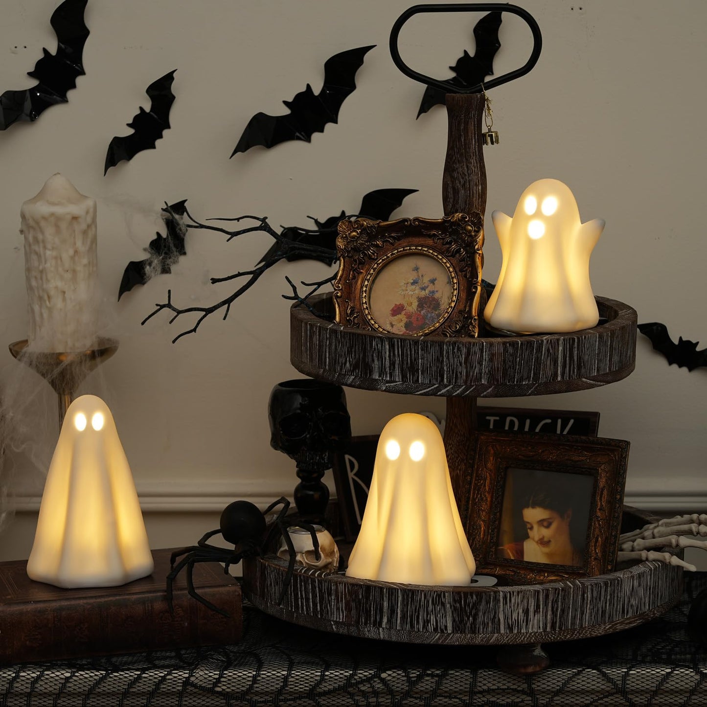 Light Up Ghost Halloween Decor - 3 Pack Ceramic White Ghost Figurines - Indoor, Table, Tray