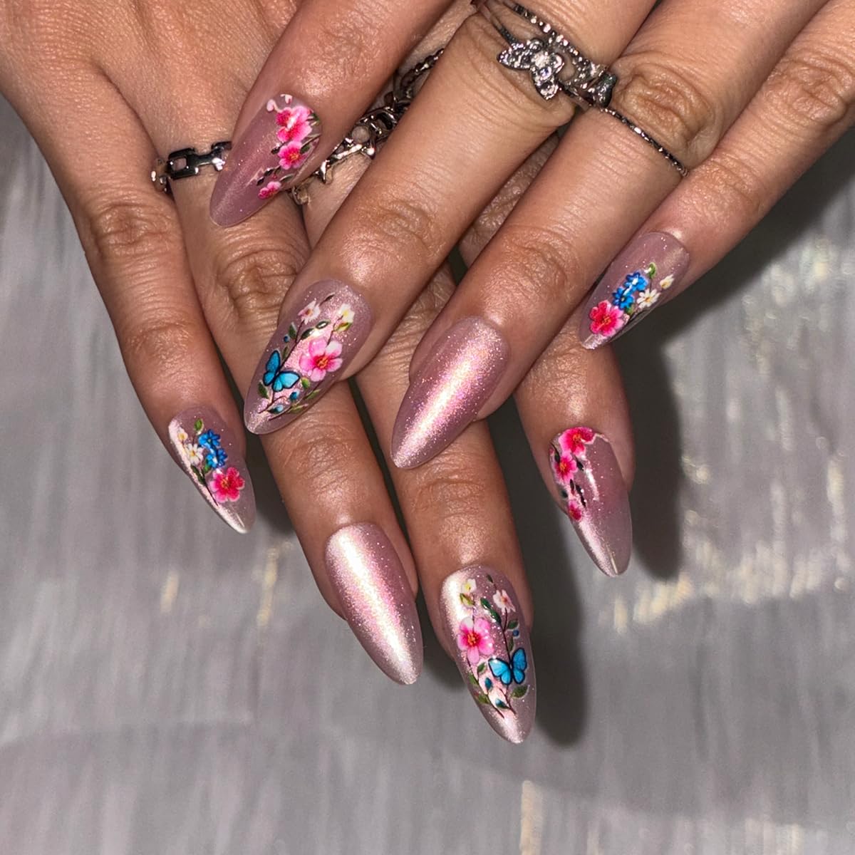 Spring Press on False Nails White French Tip Cat Eye Fake Nails Medium Almond Glue on Nails with Colorful Flower Butterfly Designs Glossy Press ons Stick on Nail for Women Manicure 24Pcs
