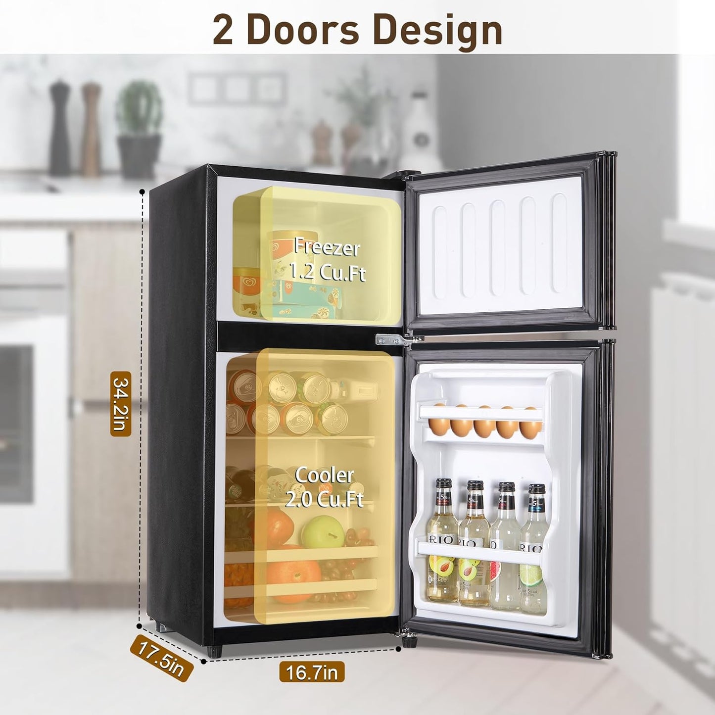Mini Fridge with Freezer, 3.2 Cu. Ft. Small Fridges with Freezer, Refrigerators Adjustable Thermostat, Apartment Size Refrigerator with Freezers for Office, Apartment, Dorm, Kitchen, Black
