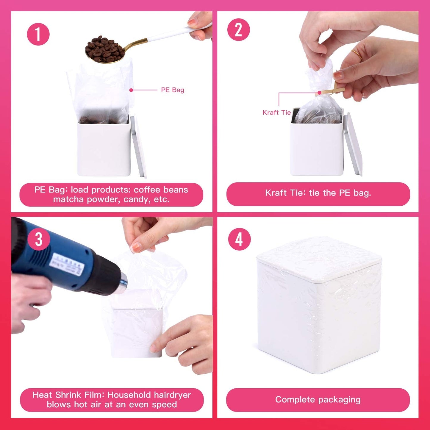 Tianhui Square Tin Can Empty Cube Steel Box Storage Container kit 65mm Series for Treats, Gifts, Favors, Loose Tea, Coffee and Crafts, White, 3L