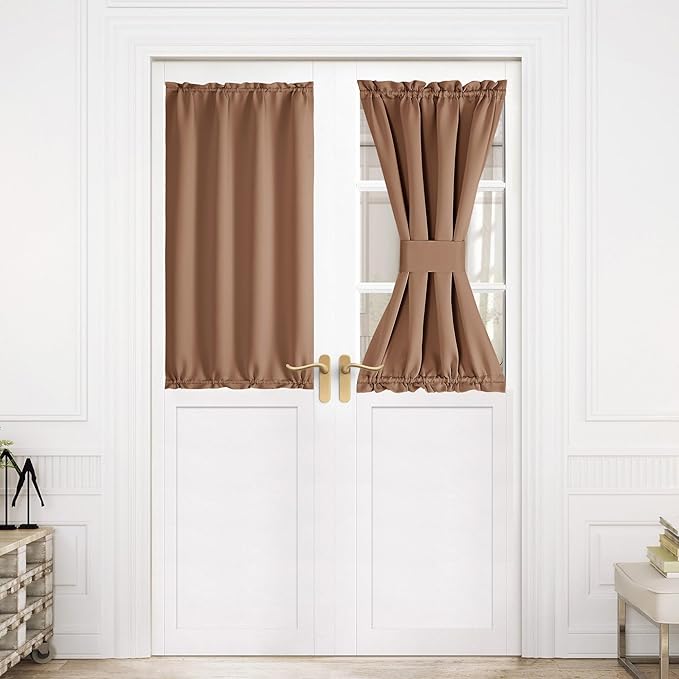 NICETOWN French Door Curtain for Door Window, Rod Pocket Thermal Short Curtain for Glass Patio Kitchen Window, 30 X 40 Inches Long, 1 Panel with Tieback, Cappuccino