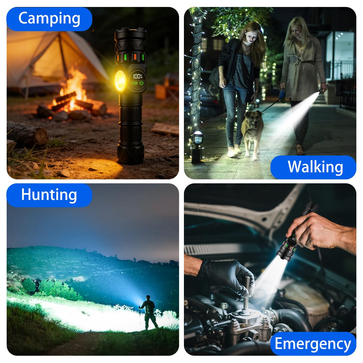 Rechargeable Flashlights High Lumens 5000 Long Distance, Super Bright LED Flash Lights with COB Sidelight USB C LCD Display, Daul Light Source & Buttons with Red Light, for Camping Hiking Emergency
