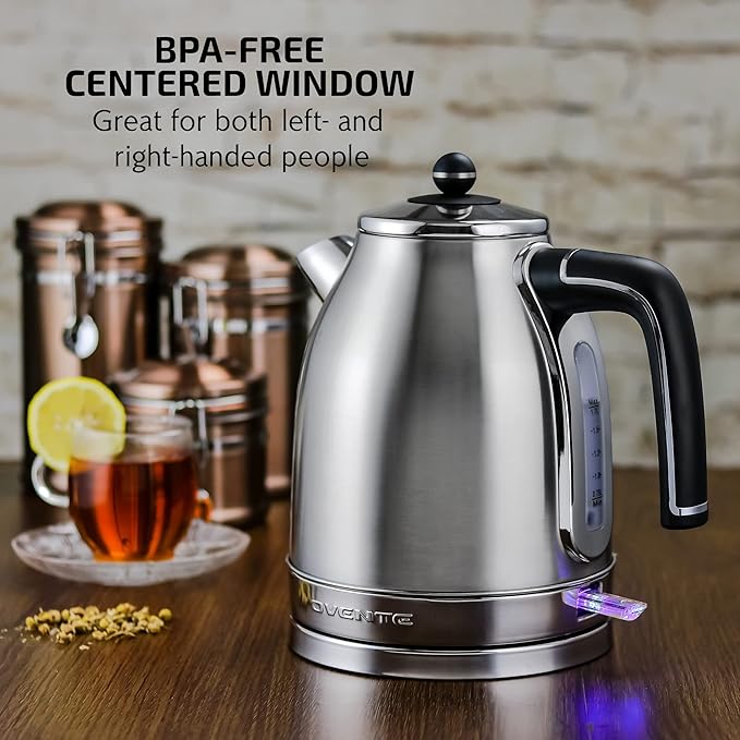 OVENTE 1.7L Electric Kettle, 1500W Fast Boiling Water Heater for Coffee or Tea with Stainless Steel BPA-Free and Cordless Body, Auto Shut-Off, Boil-Dry Protection and Removable Filter, Silver KS777S