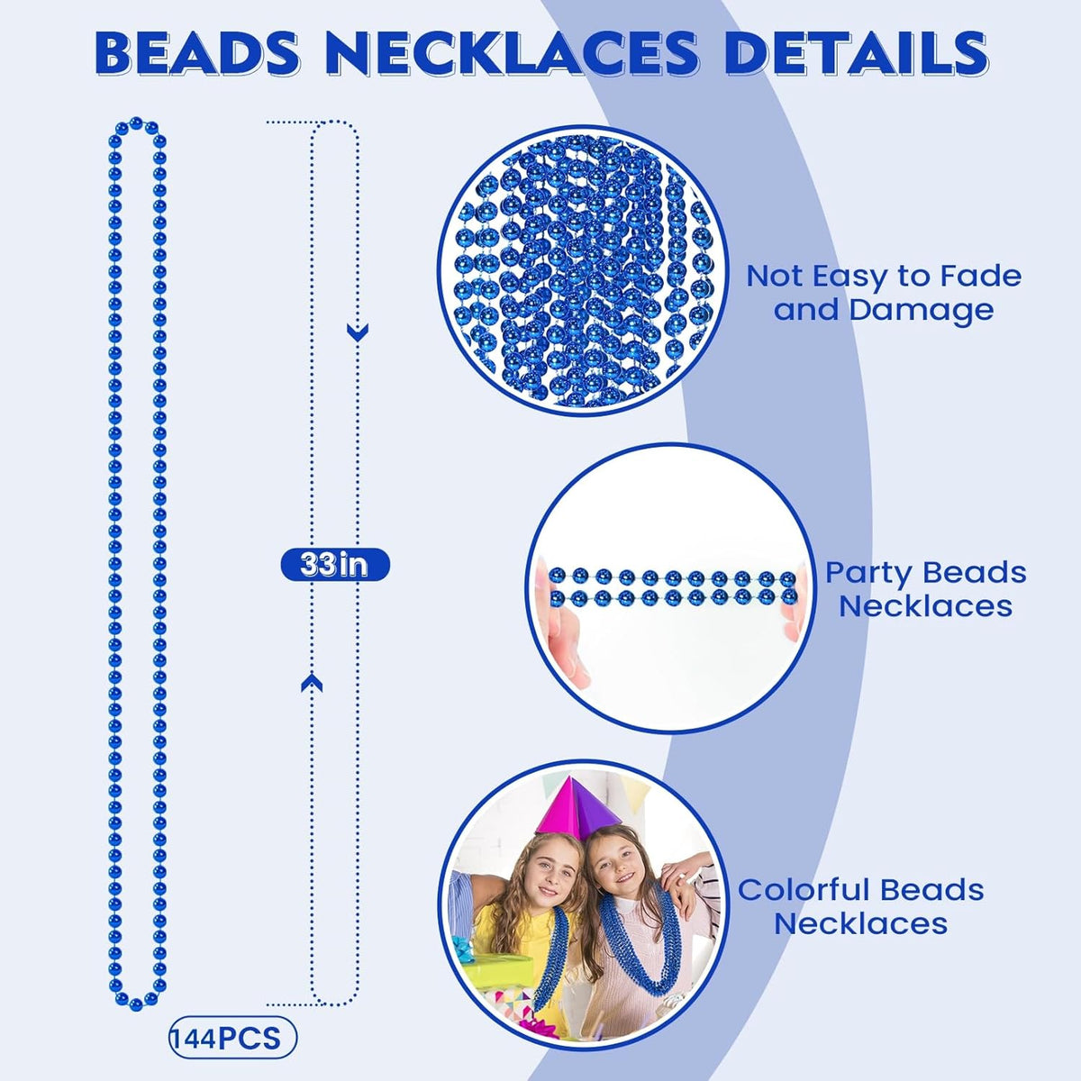 SHAOQINLIN 144 PCS Blue Mardi Gras Beads, Christmas Bead Necklace, 4th of July Patriotic Bead Necklace, 33'' Blue Party Beads for Patriotic Day, Mardi Gras, Christmas, Carnival Party Favors