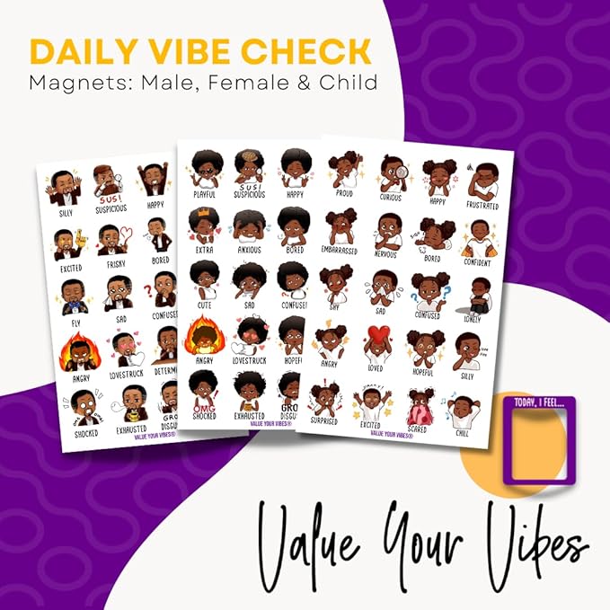 Daily Vibe Check Magnet - Black Feelings & Emotions Chart - 8.5” x 5.5” - Two-Piece Magnet Set (Female)