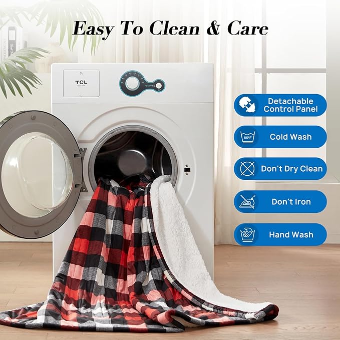 Westinghouse Full Size Heated Blanket Electric Blanket, Flannel & Sherpa Heating Blanket with10 Heating Levels & 1 to 12 Hours Heating Time Settings, Fast Heating Blanket Red Plaid, 72x84 Inches