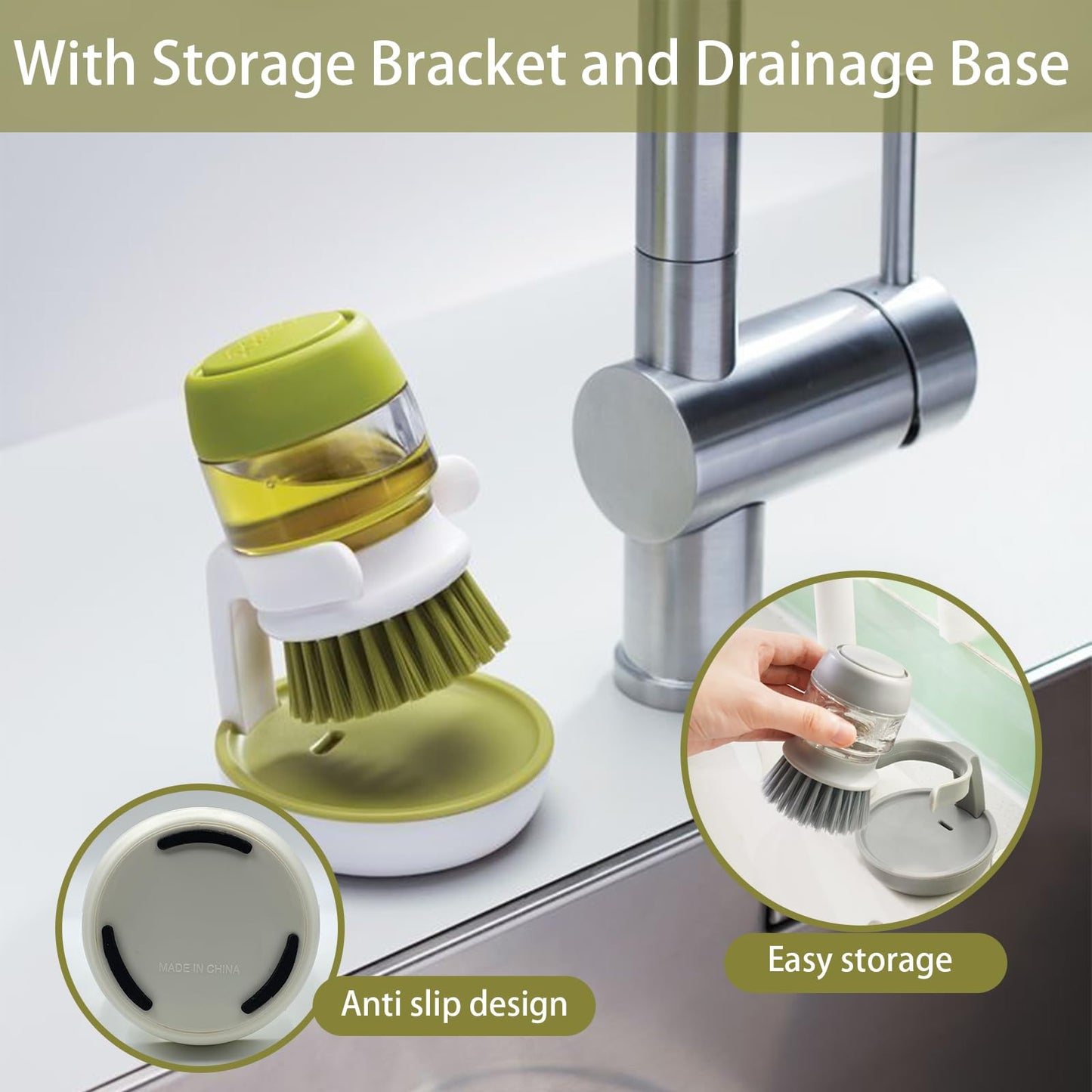 UGWkivd Soap Dispenser with Dish Brush and Storage Bracket, Easy to Clean Kitchen Utensils and Sink, Gray
