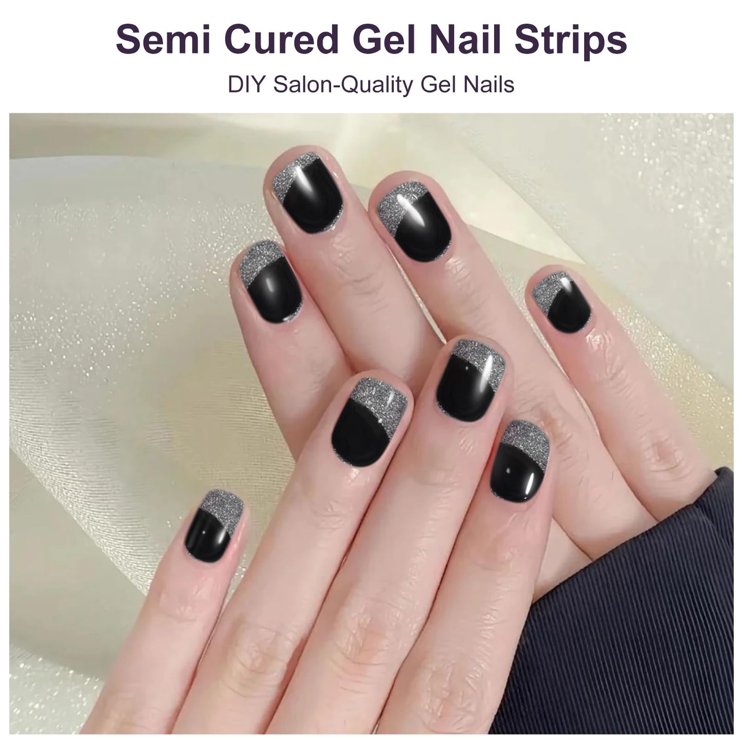 DUKASOU Semi Cured Gel Nail Strips, 56Pcs Nail Art Stickers/Wraps, Long Lasting UV Nail Polish Strips for Adults(Silver+Sequined Black)