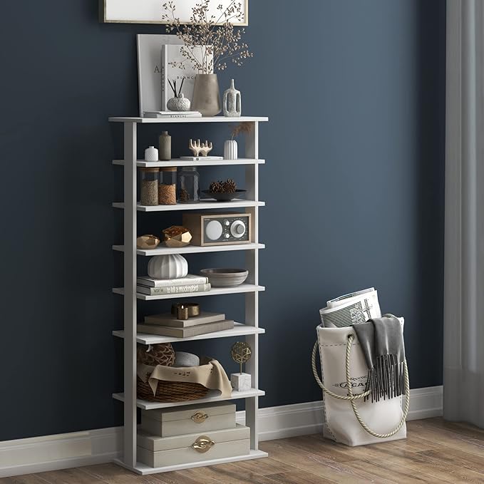 COSTWAY 7 Tiers Shoe Rack, Double Rows Vertical Tall Narrow Patented Shoe Organizer, Free Standing Shoe Rack for Small Space, Entryway, Closet, Living Room, Bedroom (White)