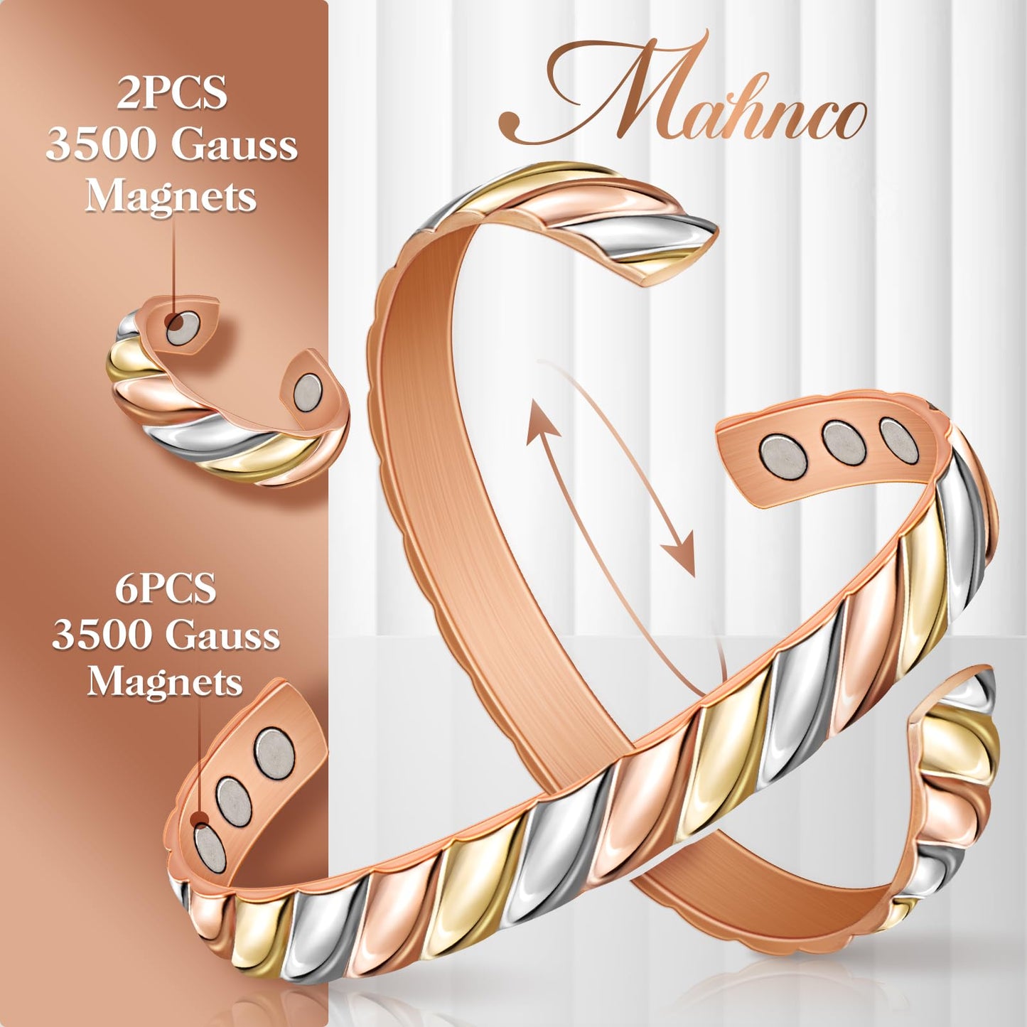 Mahnco Copper Bracelets for Women Men Lymph Detox Magnetic Bracelet & Ring Magnetic Copper Bracelet, Tri-color Bracelet Jewelry Gift for Christmas Valentine's Day Mother's Day