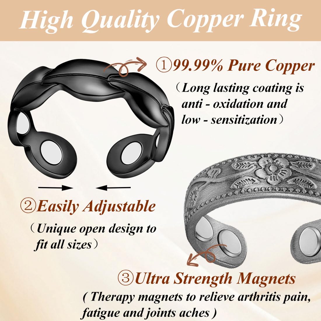 Cigmag 7X Copper Rings for Women 99% Solid Pure Copper Ring Adjustable with Present Box (2PCS Black)
