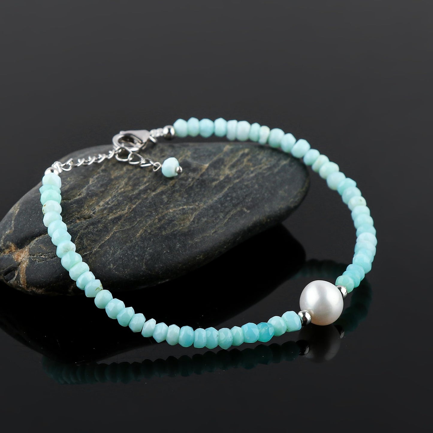 CRYSTALIS Natural Peruvian Opal Beads Adjustable Bracelet with Elegant Pearl, High Grade Gemstones, Chakra Healing Stones, Gift Giving Jewelry, 925 Sterling Silver Womens Bracelet 8 inch