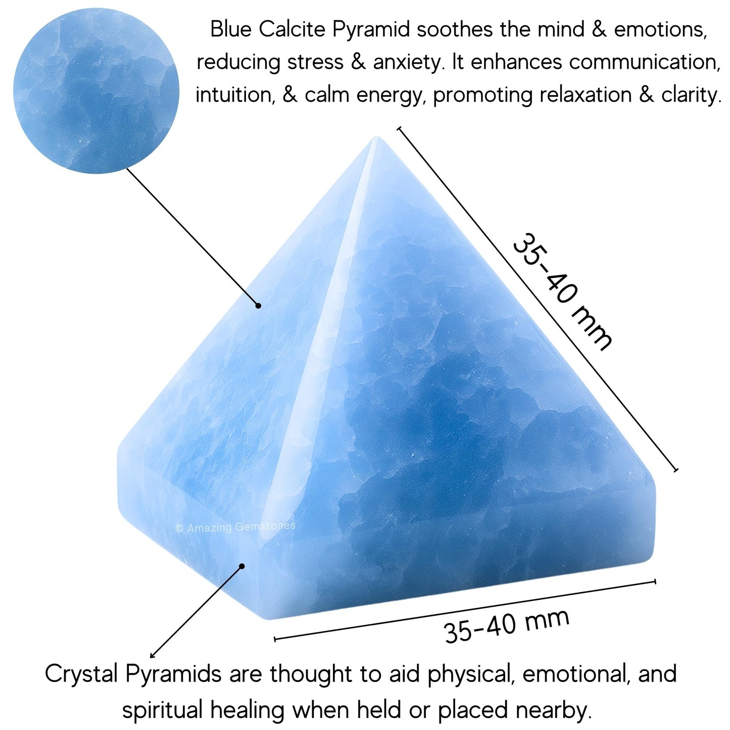 Amazing Gemstone Blue Calcite Pyramid Crystal Healing Stones - 1.5" Great Pyramid Figurine of Natural Stone Pyramid for Meditation, Reiki, Chakra Balancing and Crystal Pyramids Grid