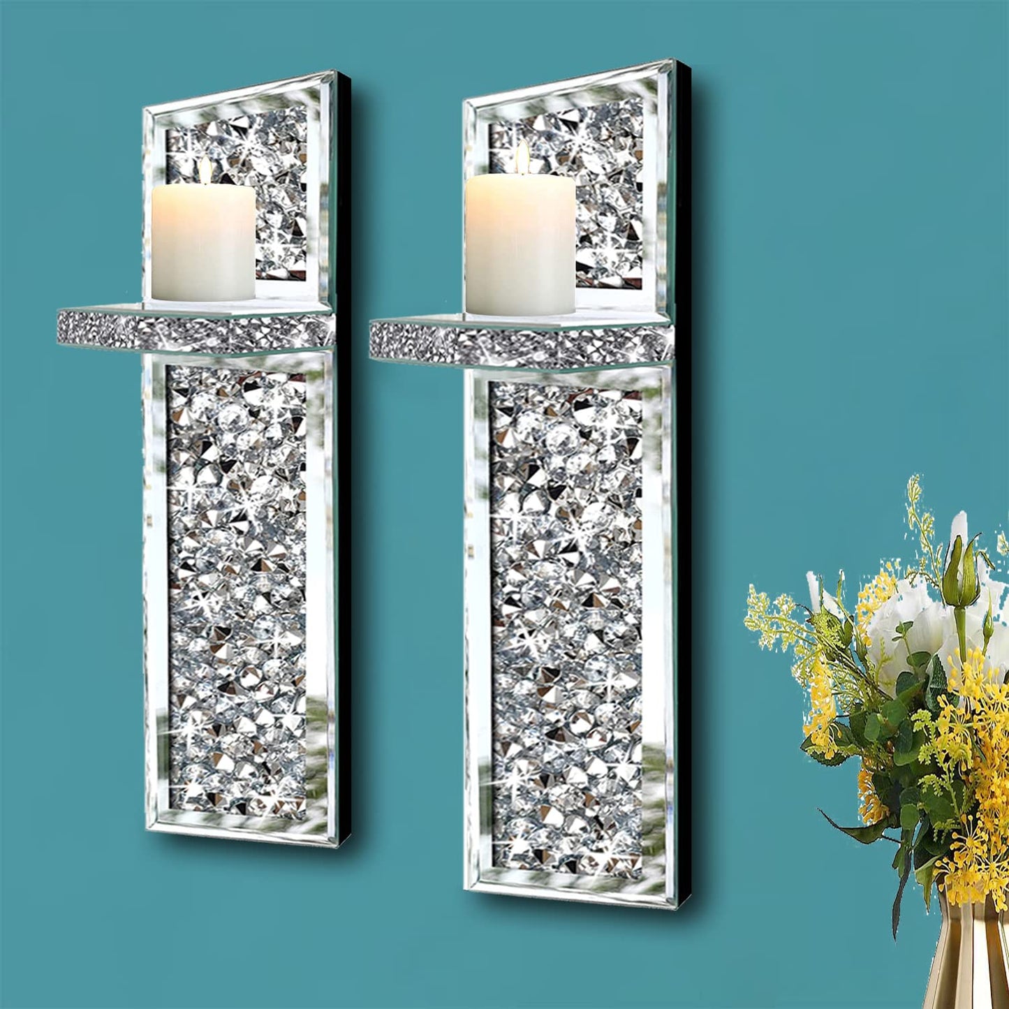 ZOLAPI Set of 2 Crystal Crush Diamond Candle Sconces, Gorgeous Silver Mirrored Wall Sconce, Candle Holder Glass Wall Decorations for Home Décor, Living Room, Dining Room.
