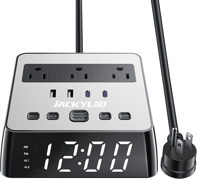 JACKYLED Alarm Clock with 4 USB Chargers, Power Strip 3 Outlets, 1700J