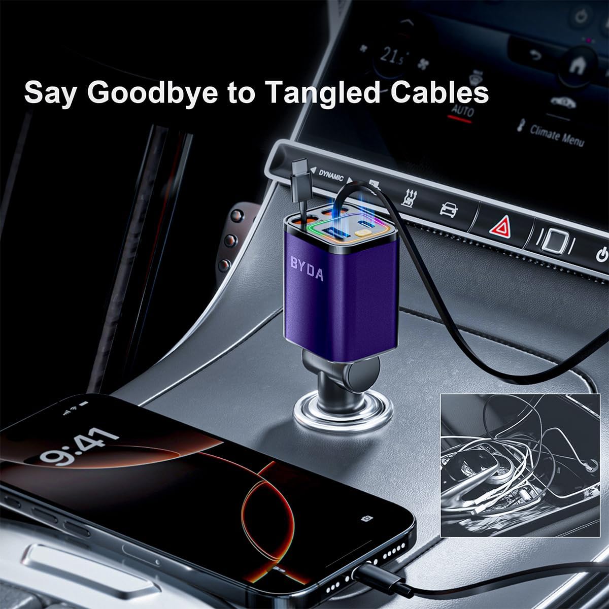 [2025 Mirco-Version] 4 in 1 Retractable Car Charger,69W Car Charger USB C,Cigarette Lighter Adapter,Fast Charging for iPhone 16e/16/15/14,13,Android (Purple, for Lightning+USB-C)