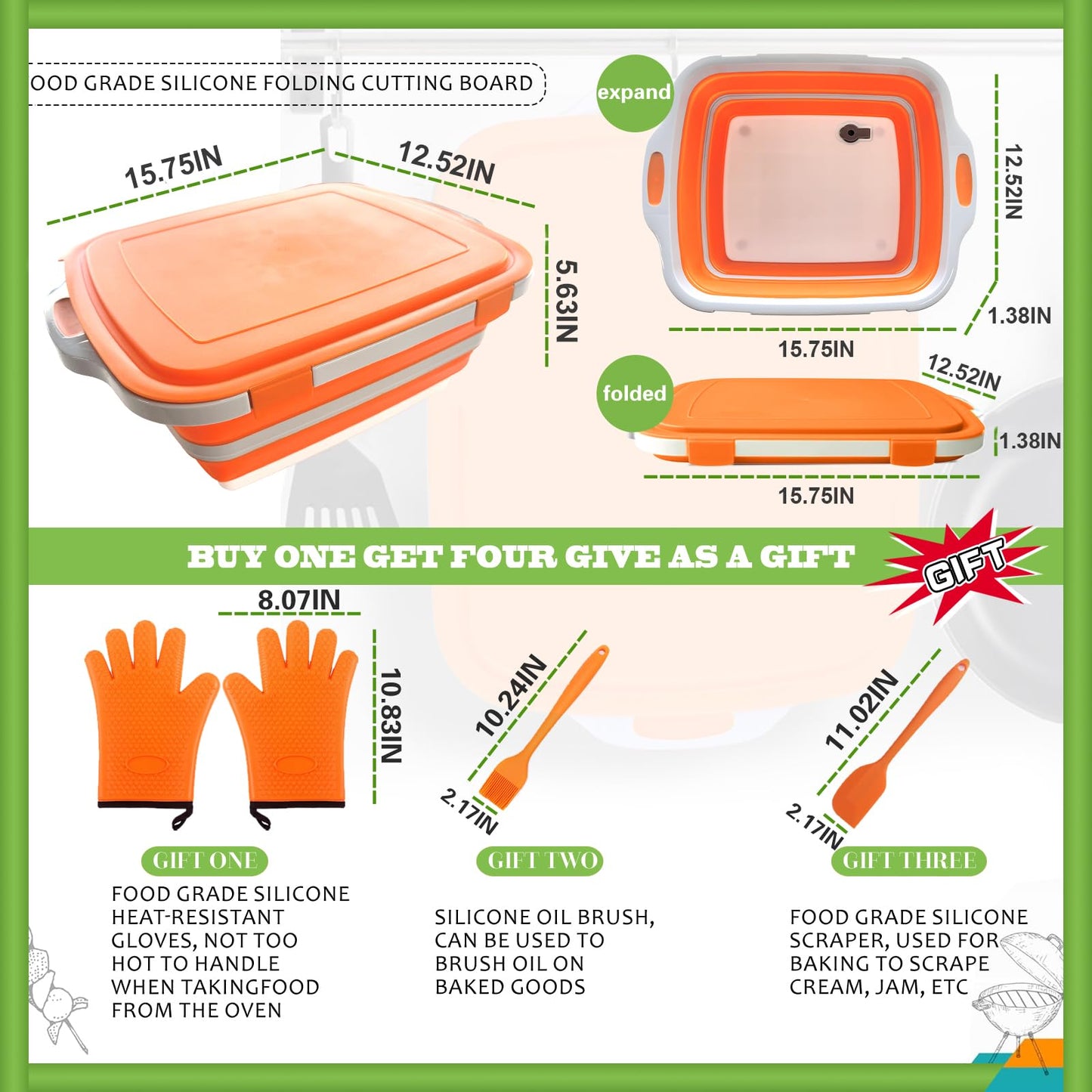 Collapsible BBQ Prep Tub with Lid & Cutting Board 8L - Meat Marinating Basin & Grill Carry System - 5pc Set with Heat Resistant Gloves, Basting Brush & Spatula(Orange, Large, 8L)