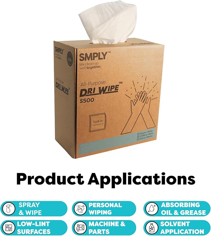 Dri-Wipe S500 by SMPLY Brands – All-Purpose Disposable Wipes, 10 Boxes of 176 (1,760 Total Wipes), Strong Alternative to Shop Towels & Paper Towels, 8" x 12" Center-Pull Sheets