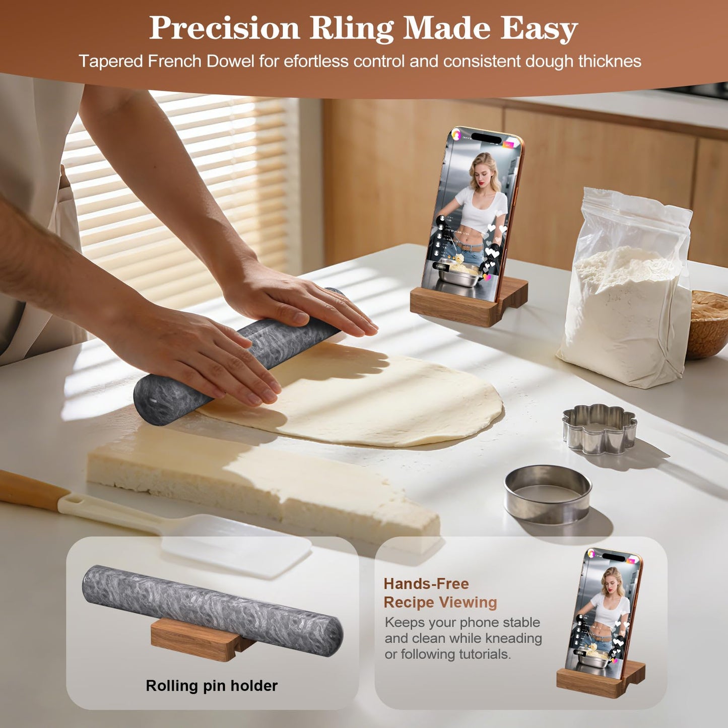Marble Rolling Pin with Wooden Stand, FiiMan 12 Inch Heavy Rolling Pin for Dough, Stone French Polished Non-Stick Roller Pins For Baking Cookie Pizza Pastry (Black)