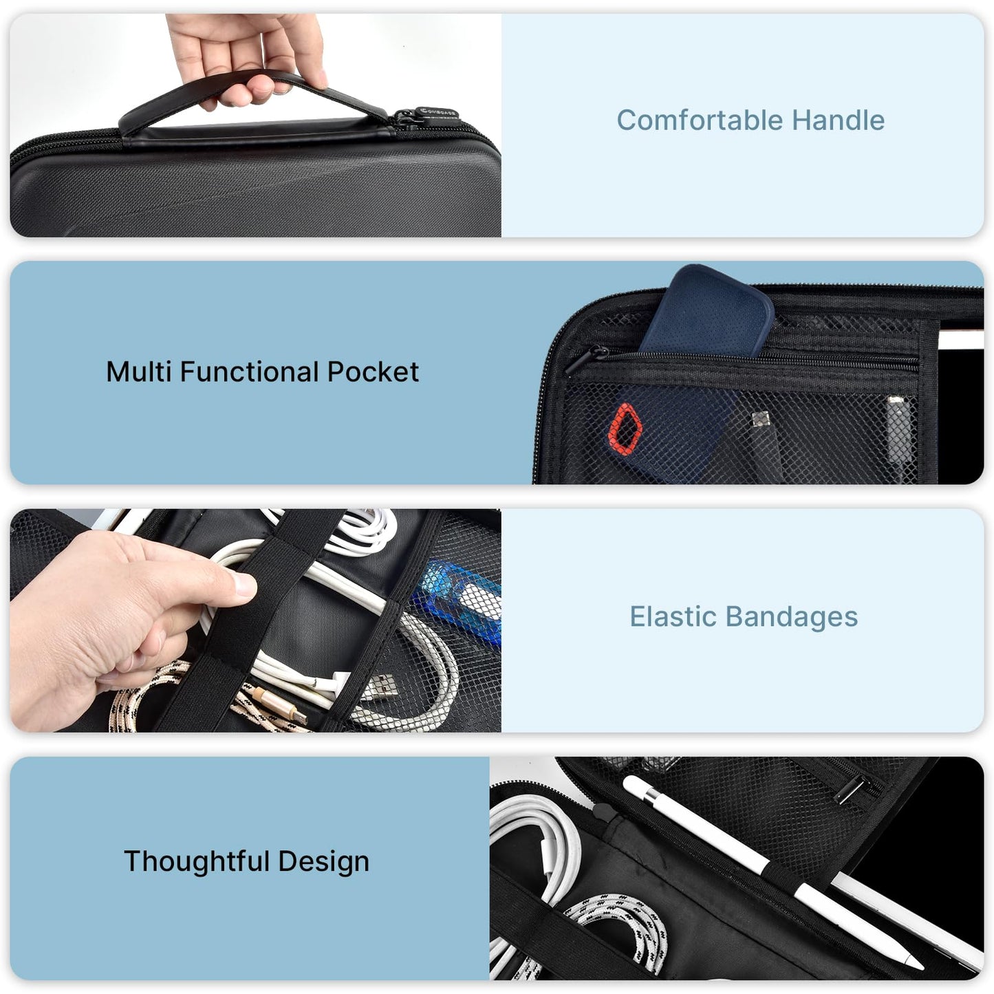 Comecase Electronics Organizer Travel Case for MacBook Pro/Air Power Adapter, Double Layer Tech Bag with 5 Dividers for iPad Mini/Air (up to 11"), Cables, Magic Mouse, Power Bank & SSD - Black