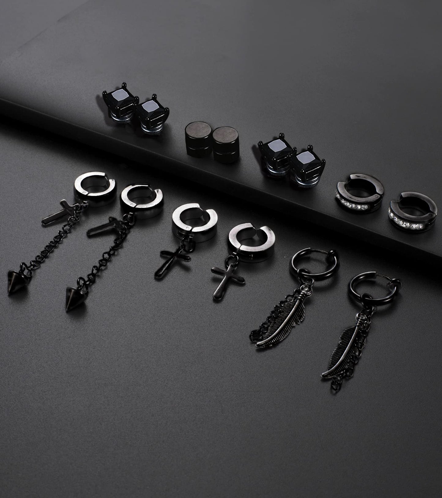 Ofeiyaa 12 Pairs Magnetic Stud Earrings Stainless Steel CZ Hoop Punk Feather Dangle Hinged Non-Piercing Earrings Clip on Magnet Earring Set for Women Men Black Plated