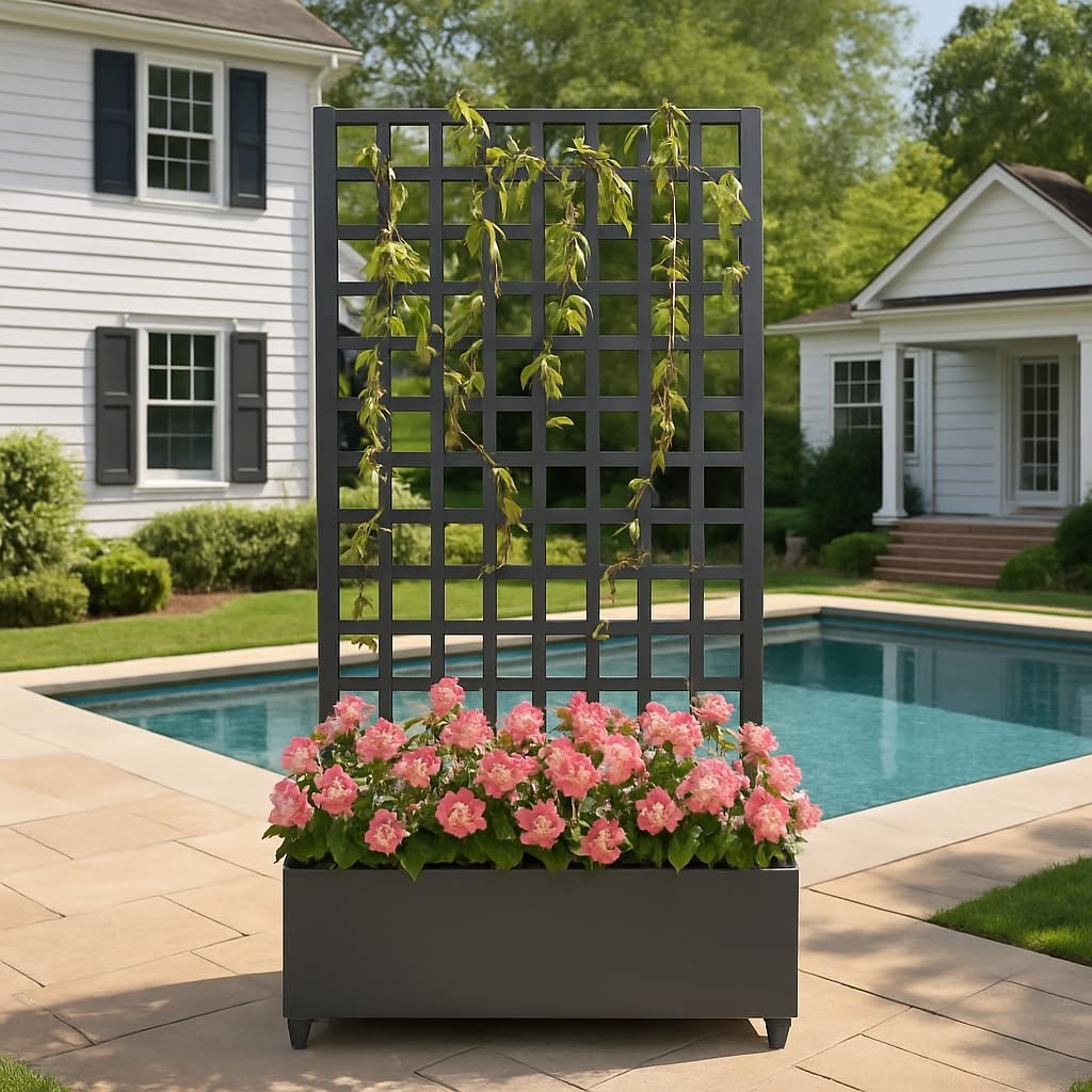 Tedyle Raised Garden Bed with Trellis & Wheels – Large Outdoor Planter Box with Drainage Holes & Privacy Screen for Climbing Plants & Vines, 72" x 35", Black
