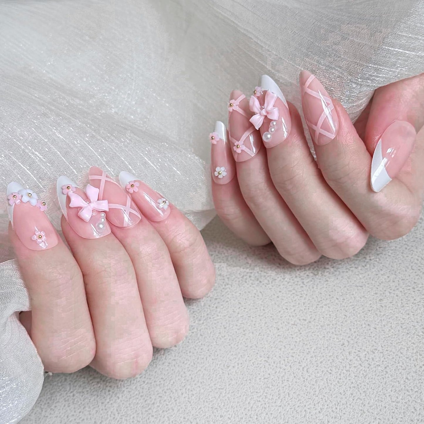 24 Pcs 3D Pink Press on Nails Y2K with Glue Butterfly and Flower Designs Bow Nails Pink Acrylic Nails Cute Press on Nails