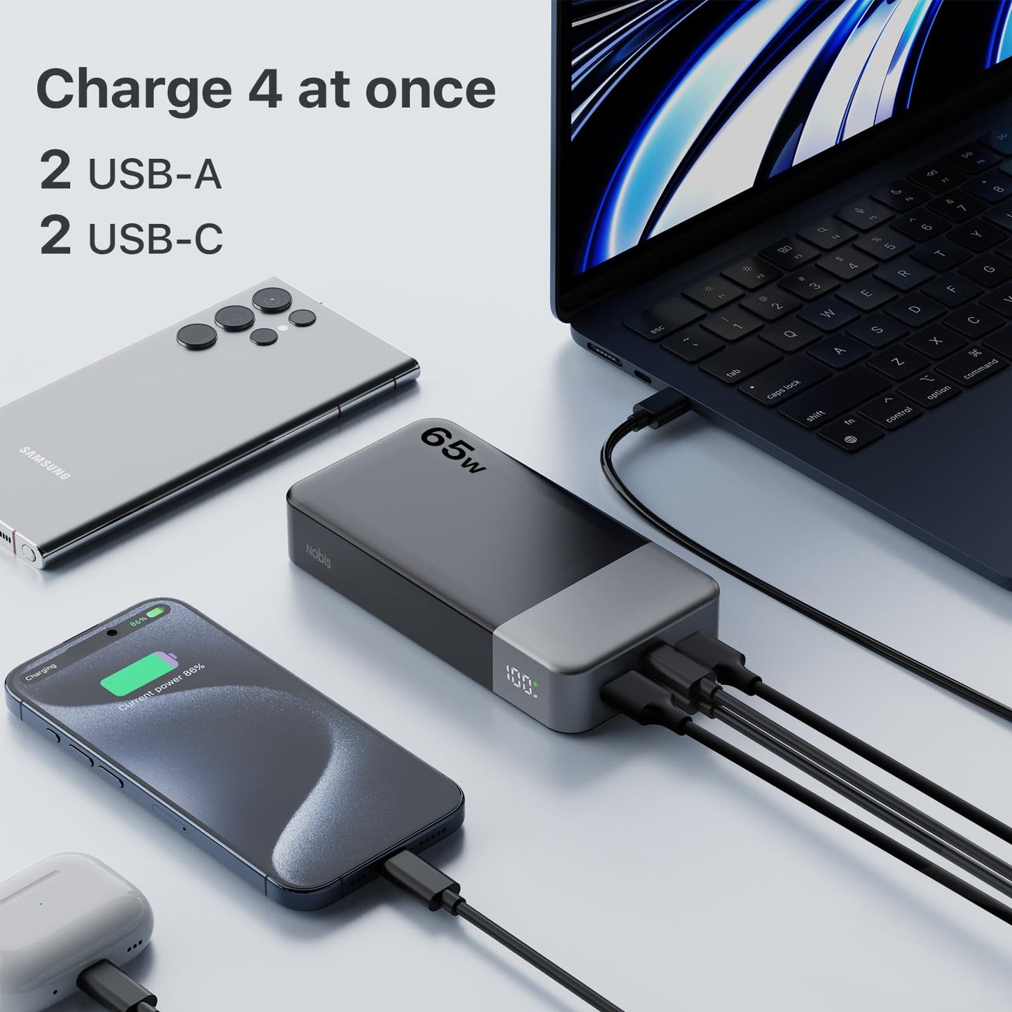 NOBIS 20000mAh Battery Pack Power Bank 65W Power Bank, Portable Charger with Digital Display, Dual USB-C/USB-A Fast Charging for Laptop, Phone, Tablet, Travel-Friendly External Battery Pack