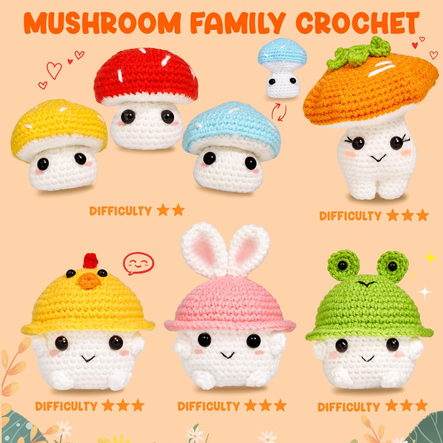 MAGIMUSE Crochet Kit for Beginners, Crochet Starter Kits for Adults Amigurumi Craft Knitting Crocheting Kits with Step-by-Step Video Tutorials, Mushroom Family(40%+ Yarn