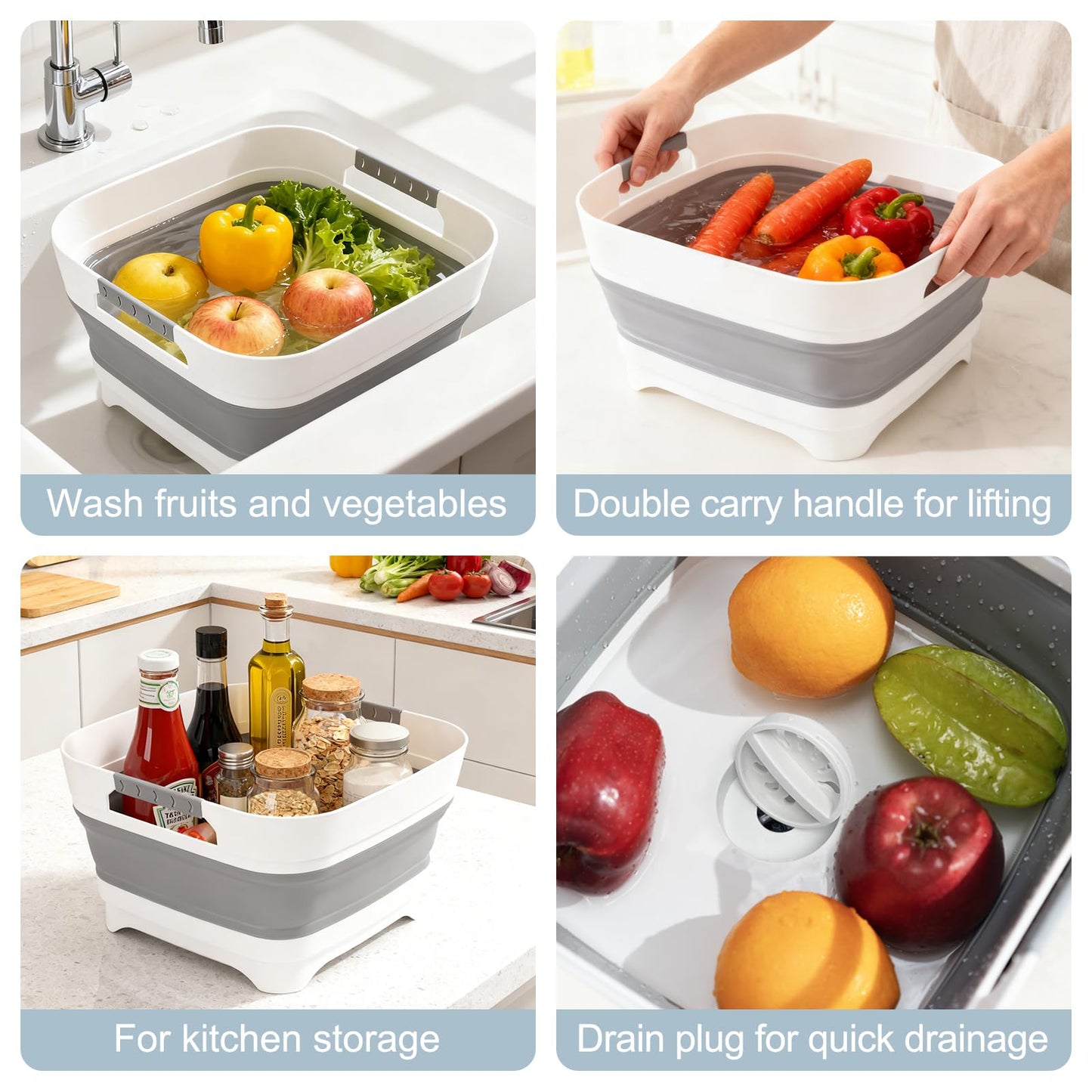 Collapsible Dish Basin with Drain Plug, 2.4 Gal 9L Foldable Wash Basin, Portable Sink Tub for Kitchen, Baby Bottles, Camping, RV, Vegetable Washing and Beverage Tub, Gray