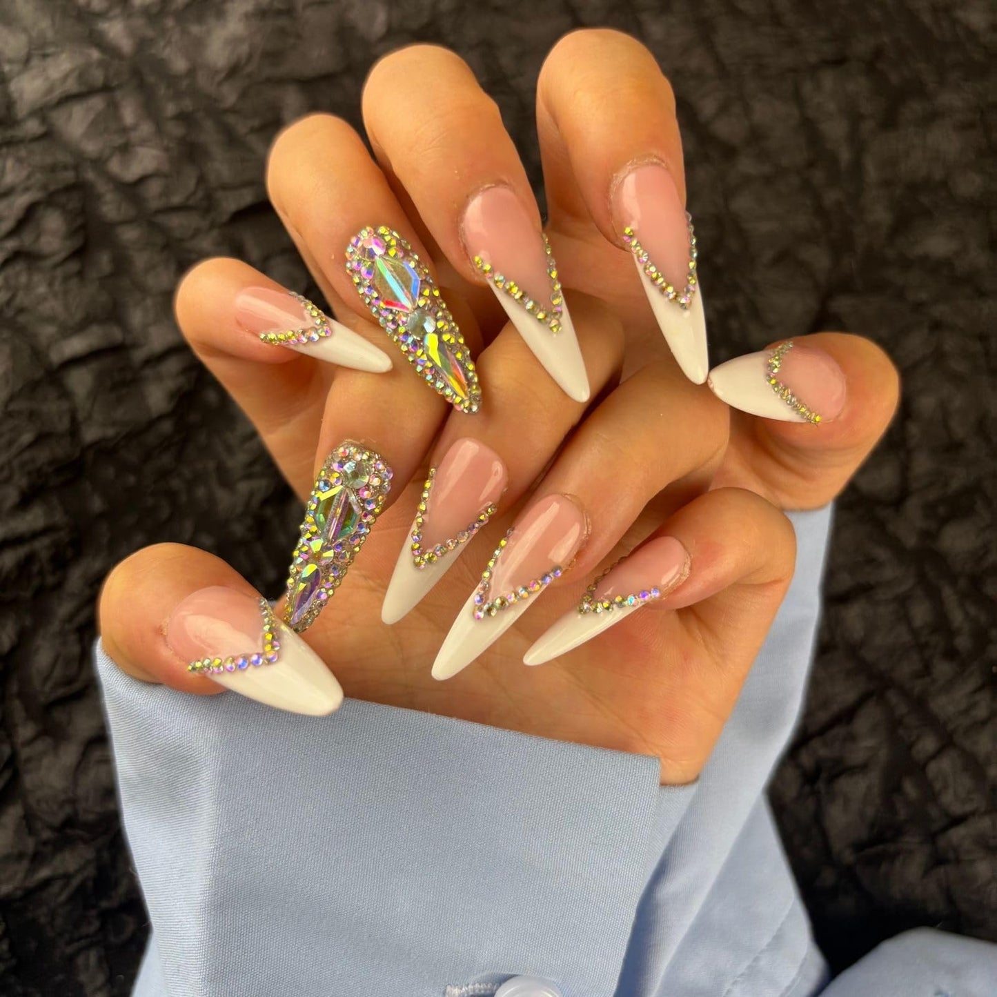 Yabonica French Tip Press On Nails Long Stiletto,10 Pcs Handmade Acrylic Fake Nails Press Ons Salon Design Stick On Nails,Luxury UV Gel Glue On False Nails with 3D Rhinestone 039L)