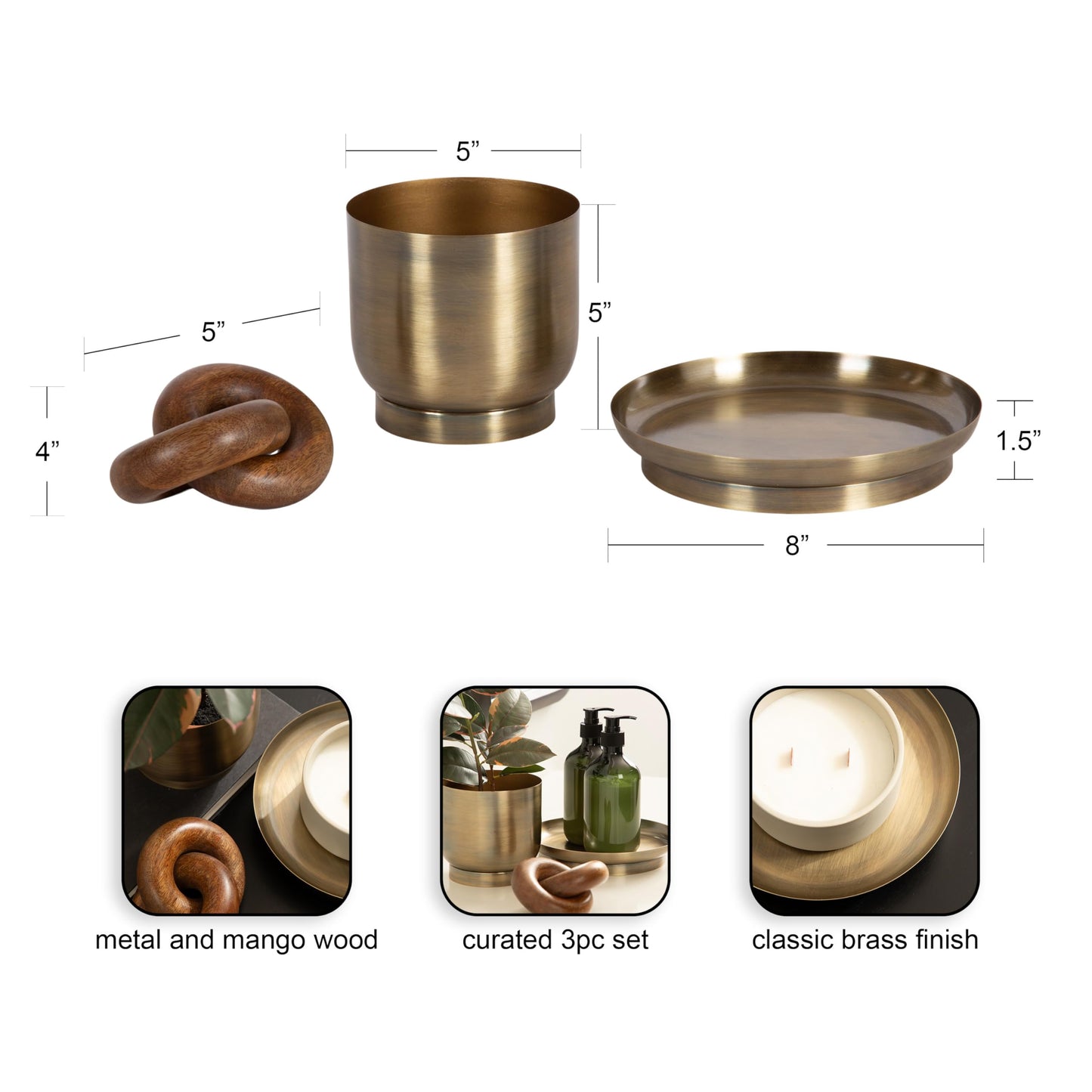 Kate and Laurel Anaya Wooden Three-Piece Decor Accent Set, Walnut Brown and Antique Brass, Set of 3, Modern Tabletop Decor Set Including Planter Pot, Accent Tray, and Wooden Knot