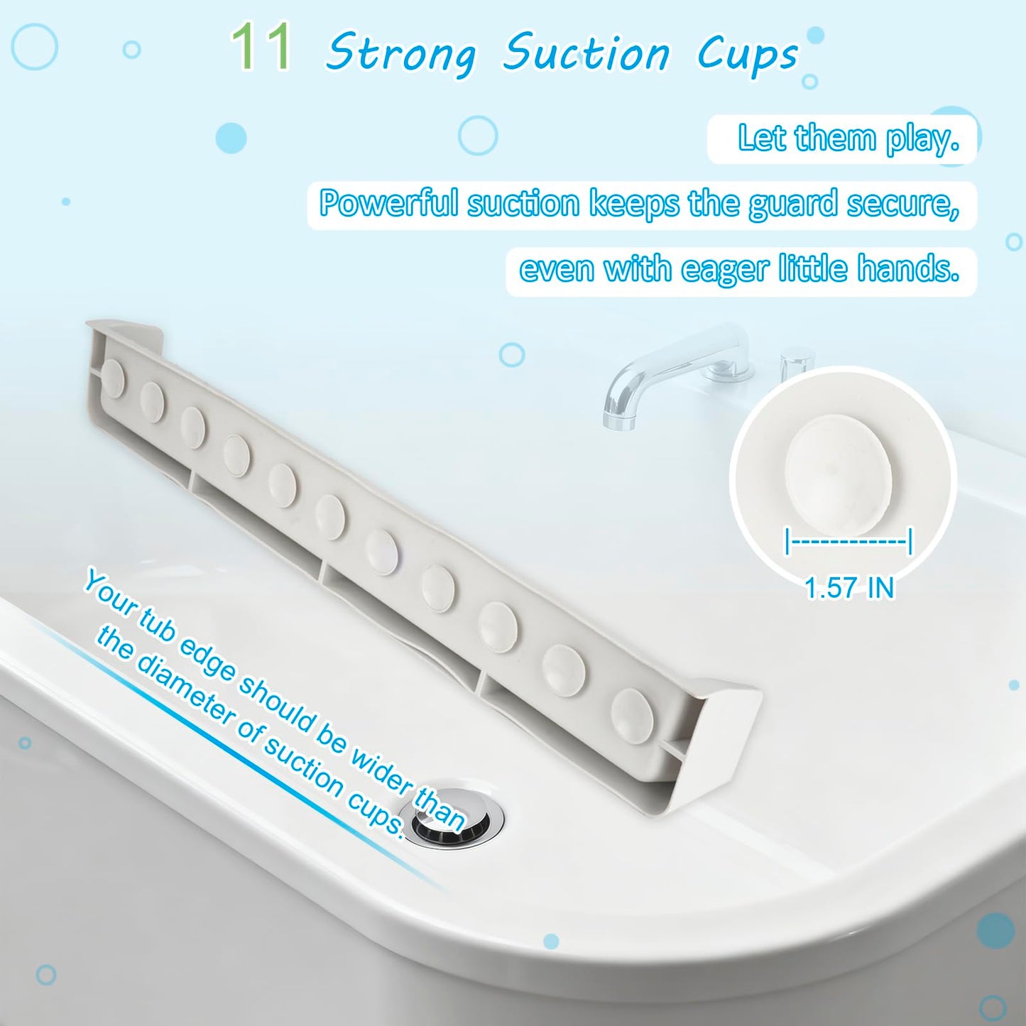 Longer Bathtub Splash Guard for Kids, Soft Silicone Tub Water Guards Toy Tray Holder for Toddlers, Bathtub Topper Splash Guard with Strong Suction Cups, Prevent Water Spills in Bathroom (2.6FT Grey)