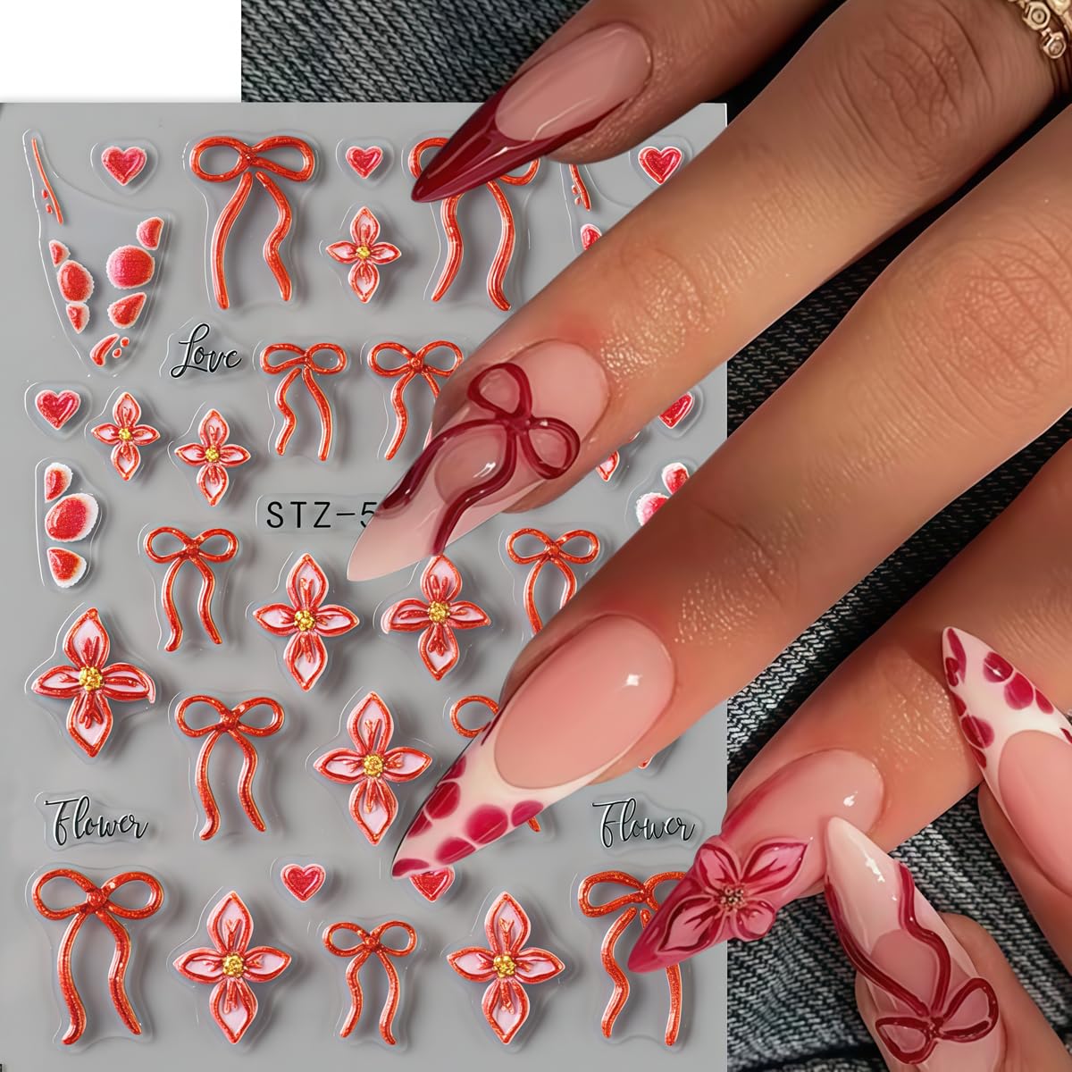 3 Sheets Flower Nail Art Stickers Decals 5D Self-Adhesive Nail Decals Spring/Summer Floral | Bow Designs, Self-Adhesive Decals for Women's Nail DIY Decoration